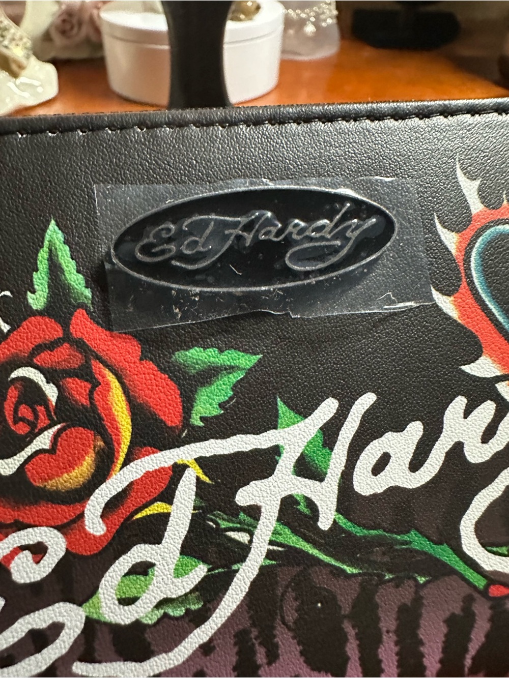 Ed Hardy Black & Pink Vegan Leather Zip Wristlet - Picture 5 of 5